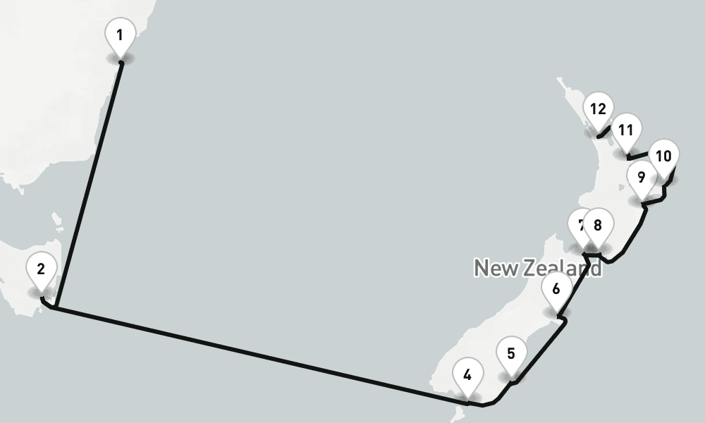 14 nights / 15 days, one-way from Sydney (NSW, Australia) to Auckland