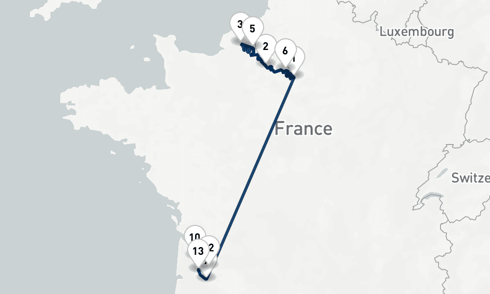 14 nights / 15 days, one-way from Paris to Bordeaux