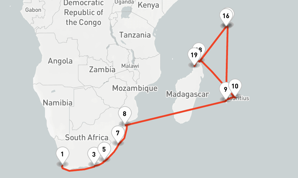 28 nights / 29 days, one-way from Cape Town to Port Louis (Mauritius Island)