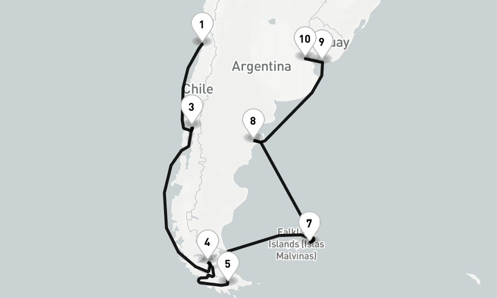 18 nights / 19 days, one-way from Valparaiso (Santiago, Chile) to Buenos Aires
