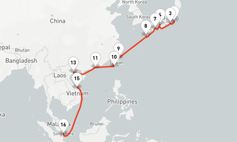 21 nights / 22 days, one-way from Yokohama (Tokyo, Japan) to Singapore