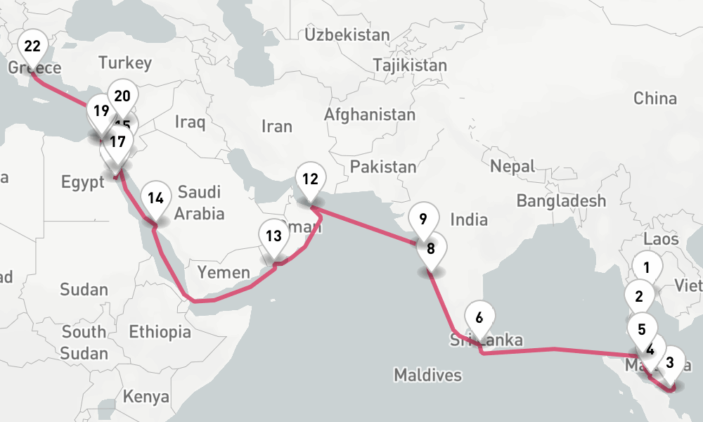 35 nights / 36 days, one-way from Laem Chabang (Bangkok, Thailand) to Piraeus (Athens, Greece)