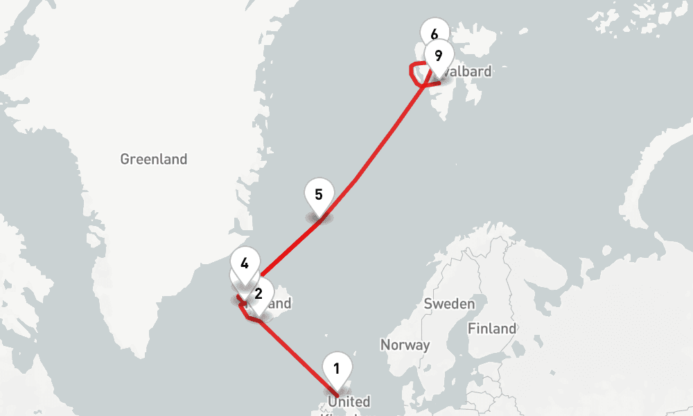 12 nights / 13 days, one-way from Greenock (Glasgow, Scotland) to Longyearbyen (Spitsbergen, Arctic Norway)