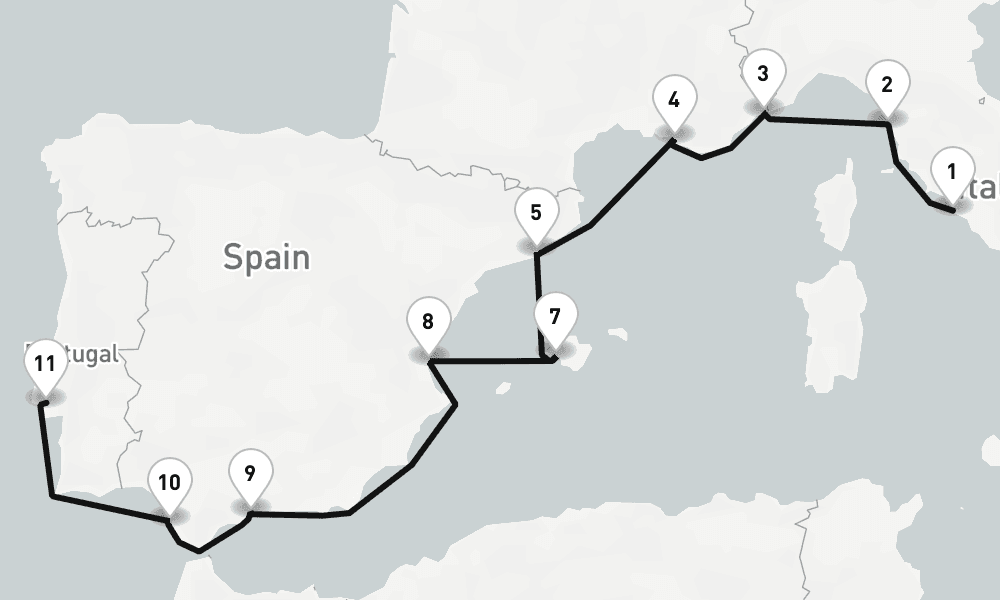 12 nights / 13 days, one-way from Civitavecchia (Rome, Italy) to Lisbon