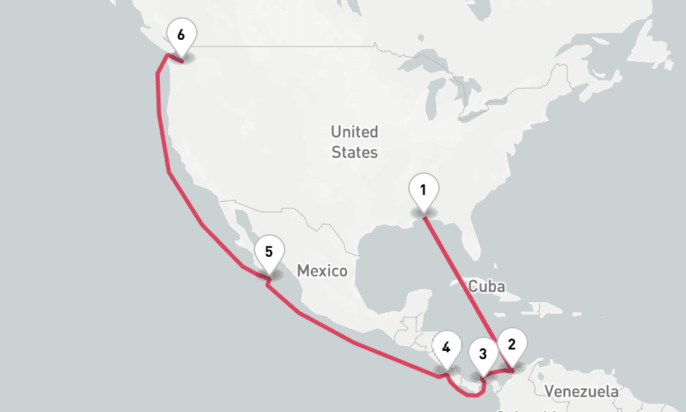 16 nights / 17 days, one-way from Mobile (Alabama) to Seattle (Washington)