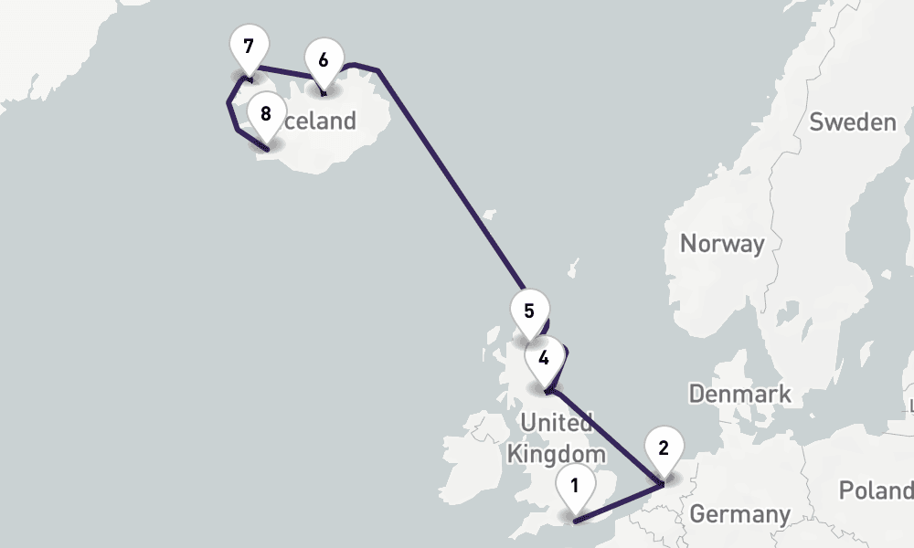 10 nights / 11 days, one-way from Portsmouth (England) to Reykjavik