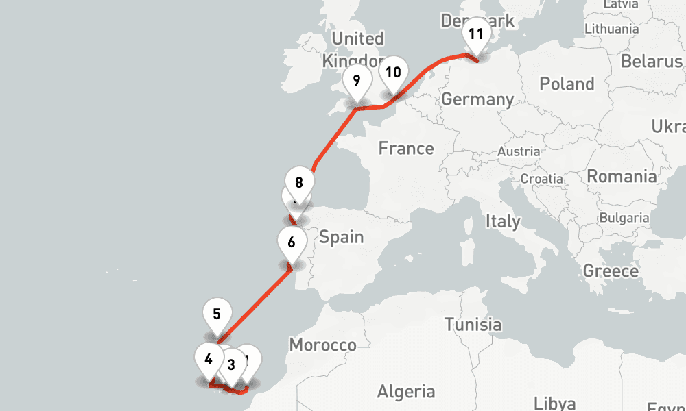 13 nights / 14 days, one-way from Puerto del Rosario (Fuerteventura, Canary Islands) to Hamburg