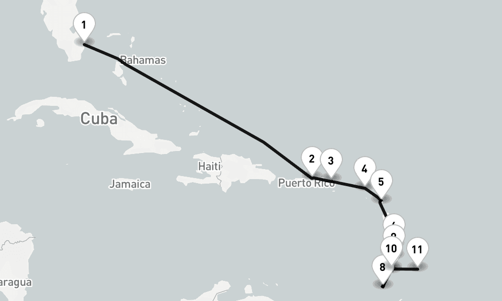 12 nights / 13 days, one-way from Fort Lauderdale (Everglades, Florida) to Bridgetown (Barbados)