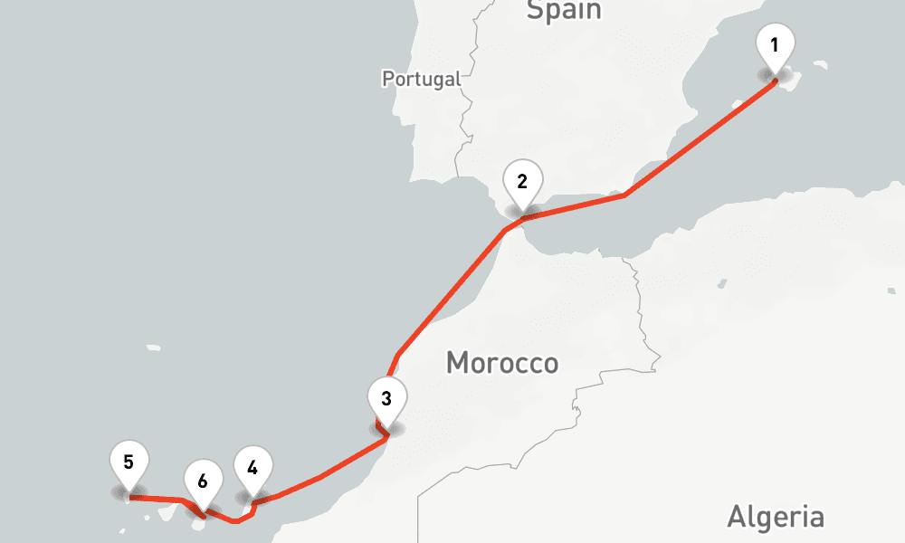 7 nights / 8 days, one-way from Palma de Mallorca (Majorca Island, Spain) to Las Palmas (Gran Canaria, Canary Islands)