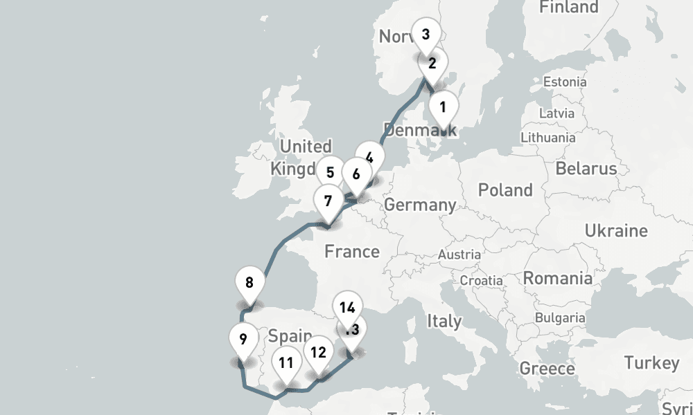 17 nights / 18 days, one-way from Copenhagen to Barcelona