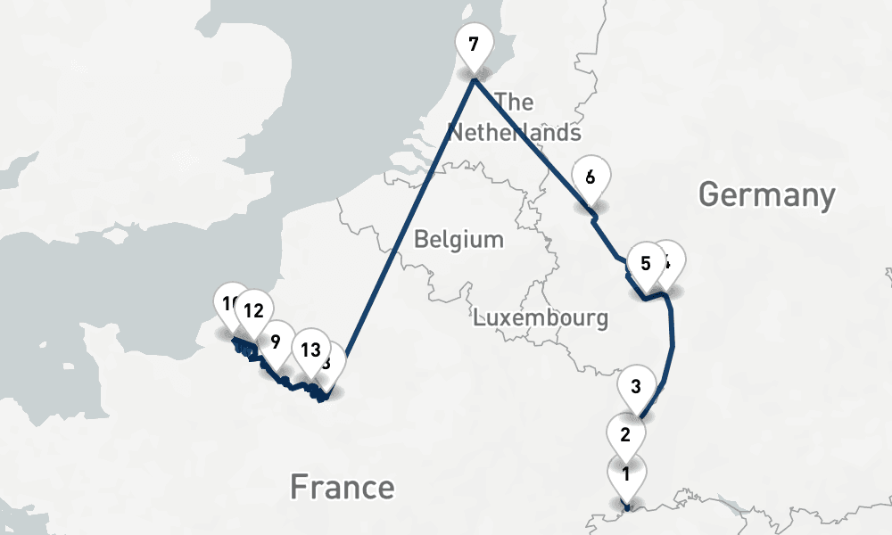 14 nights / 15 days, one-way from Basel to Paris