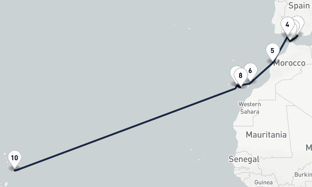 24 nights / 25 days, one-way from Malaga to Bridgetown (Barbados)