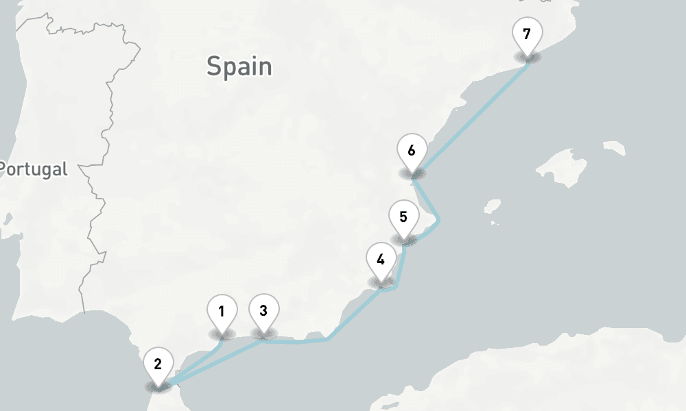 7 nights / 8 days, one-way from Malaga to Barcelona