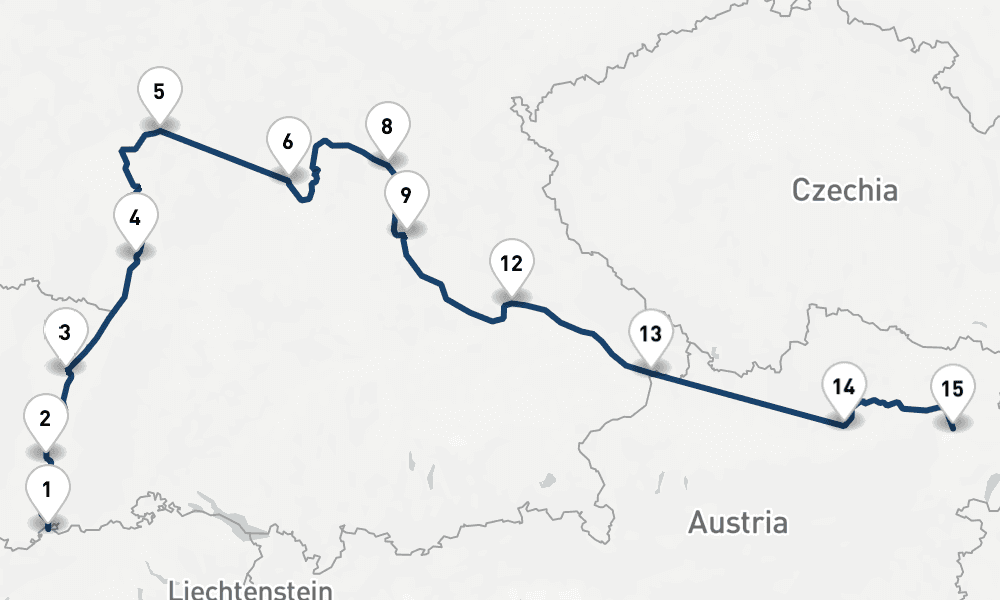 15 nights / 16 days, one-way from Basel to Vienna