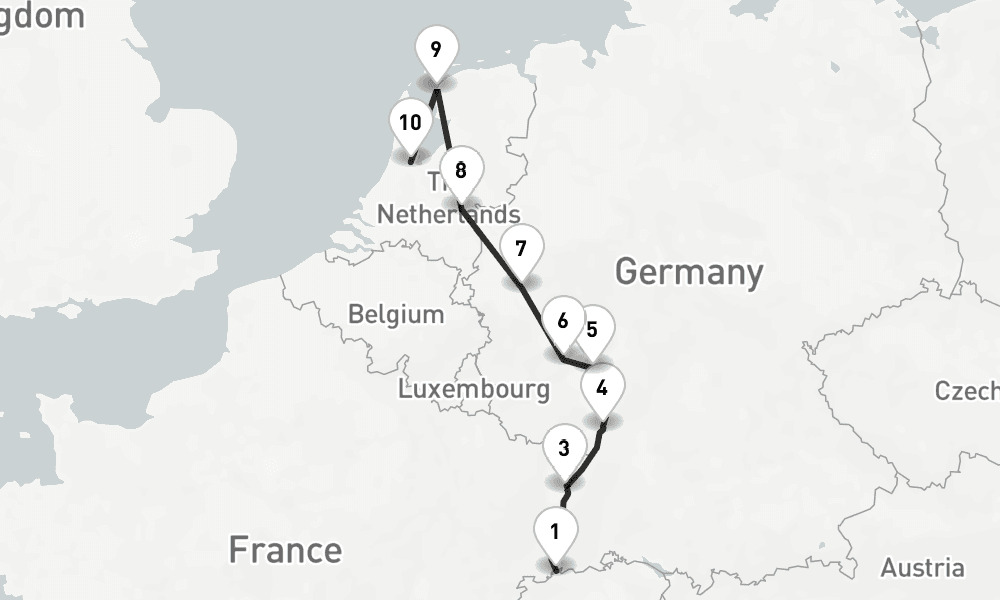 10 nights / 11 days, one-way from Basel to Amsterdam (Holland)