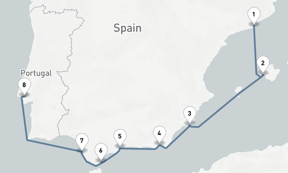 8 nights / 9 days, one-way from Barcelona to Lisbon