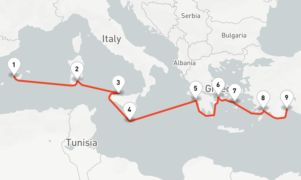10 nights / 11 days, one-way from Palma de Mallorca (Majorca Island, Spain) to Antalya