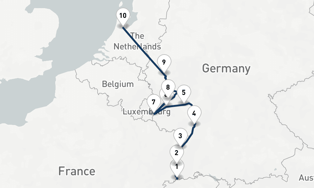 10 nights / 11 days, one-way from Basel to Amsterdam (Holland)
