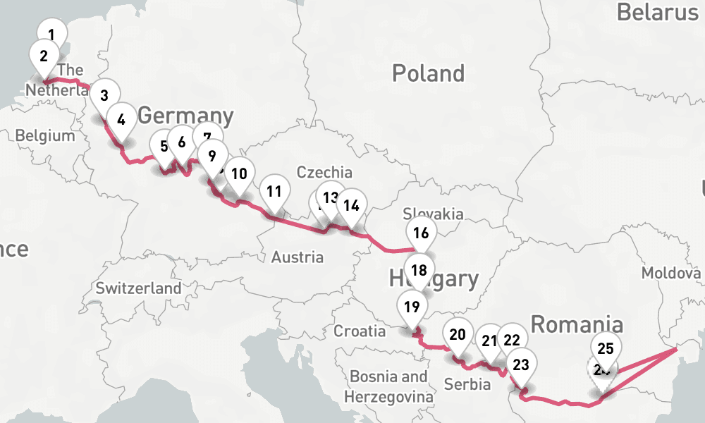 21 nights / 22 days, one-way from Amsterdam (Holland) to Bucharest