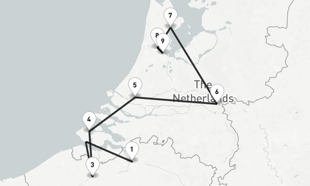 9 nights / 10 days, one-way from Antwerp to Amsterdam (Holland)