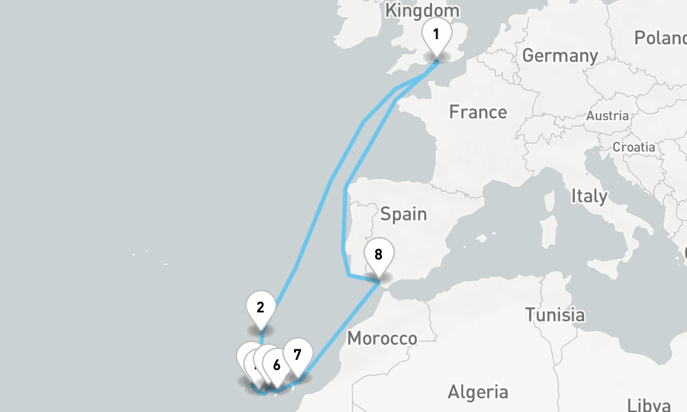 15 nights / 16 days, Portsmouth (England) Round trip