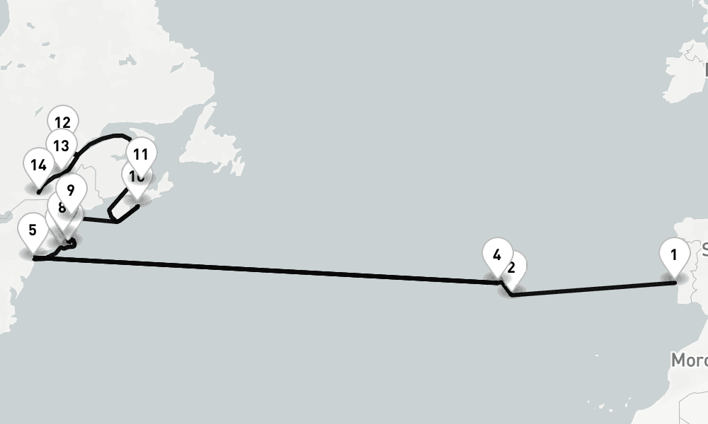 23 nights / 24 days, one-way from Lisbon to Montreal (Quebec, Canada)