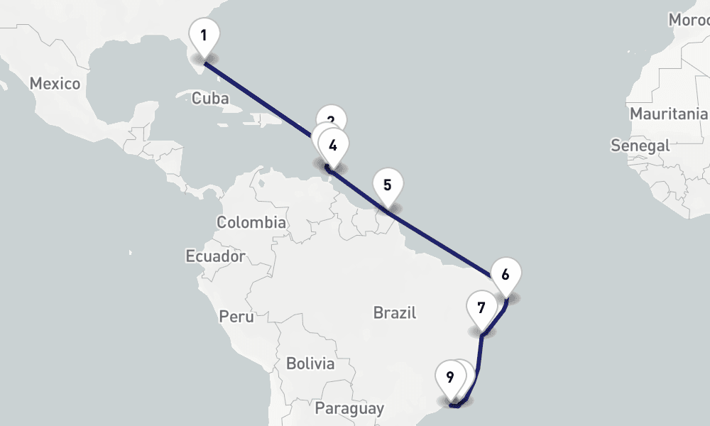 19 nights / 20 days, one-way from West Palm Beach (Florida) to Rio de Janeiro