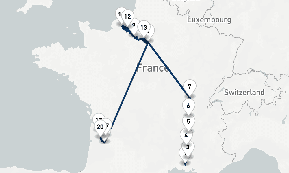 21 nights / 22 days, one-way from Arles to Bordeaux