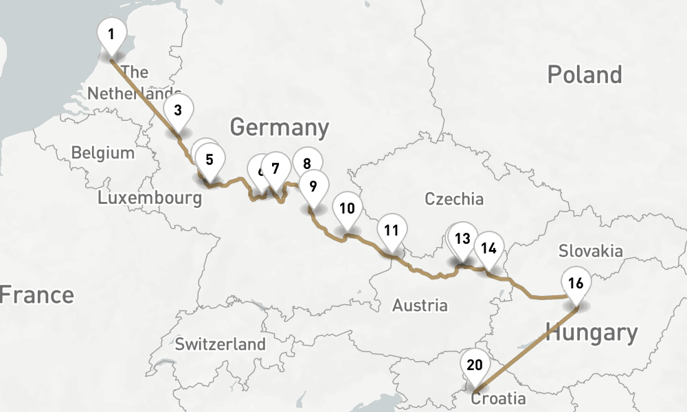 18 nights / 19 days, one-way from Amsterdam (Holland) to Zagreb