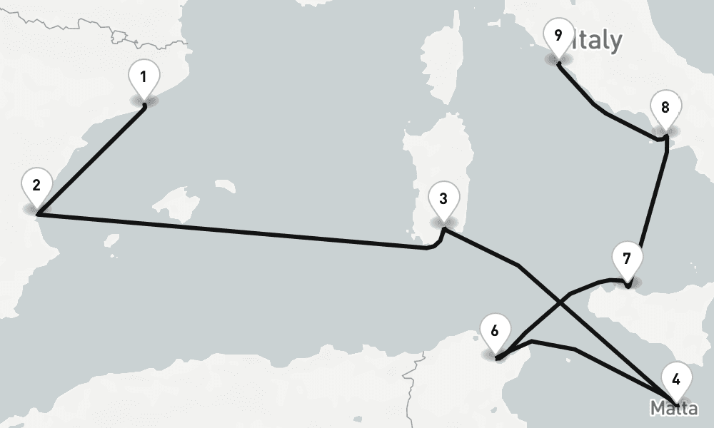 10 nights / 11 days, one-way from Barcelona to Civitavecchia (Rome, Italy)