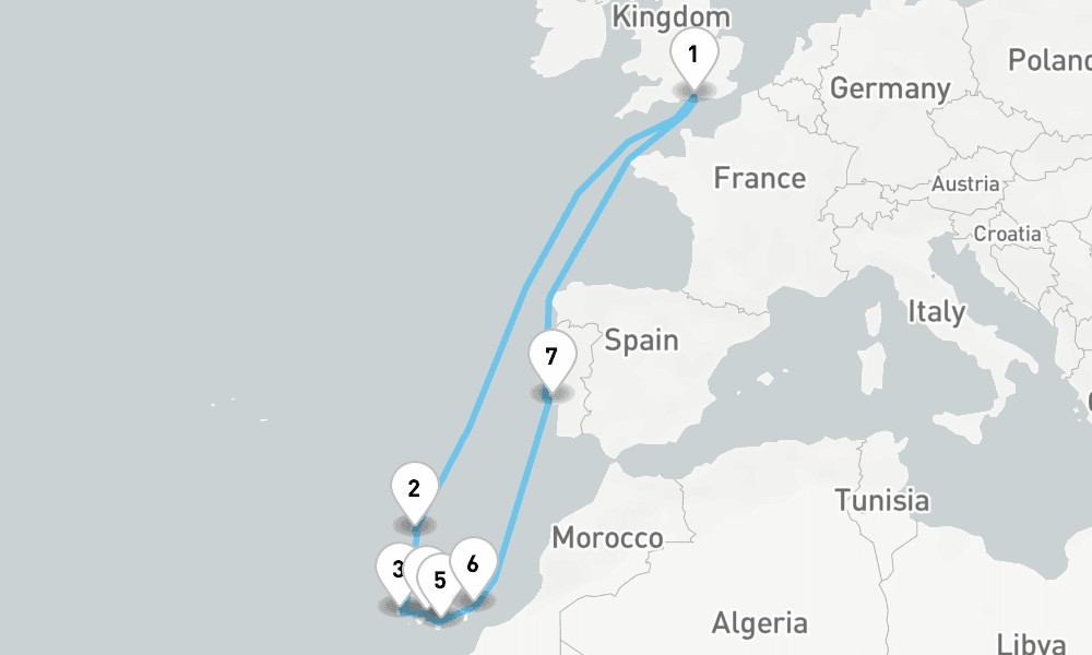 14 nights / 15 days, Portsmouth (England) Round trip