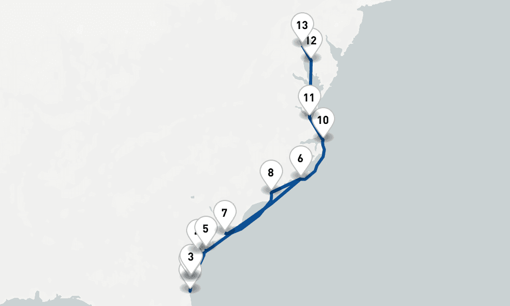 13 nights / 14 days, one-way from Amelia Island (Florida) to Baltimore (Maryland)