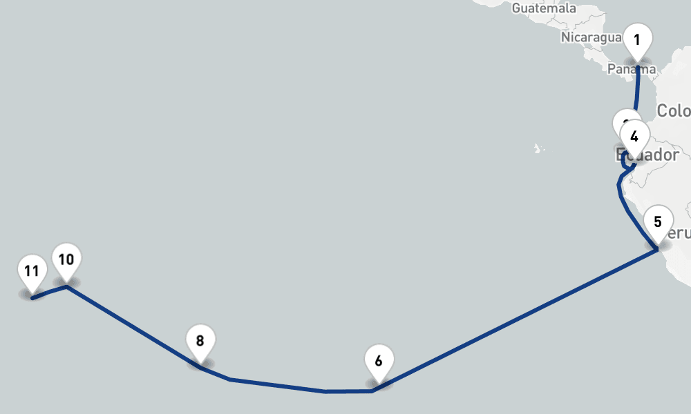 22 nights / 23 days, one-way from Panama City (Fuerte Amador, Balboa) to Papeete (Tahiti Island, French Polynesia)