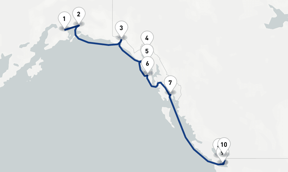 11 nights / 12 days, one-way from Whittier (Alaska) to Vancouver (BC Canada)
