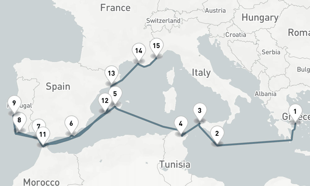 17 nights / 18 days, one-way from Piraeus (Athens, Greece) to Monte Carlo (Monaco, France Riviera)