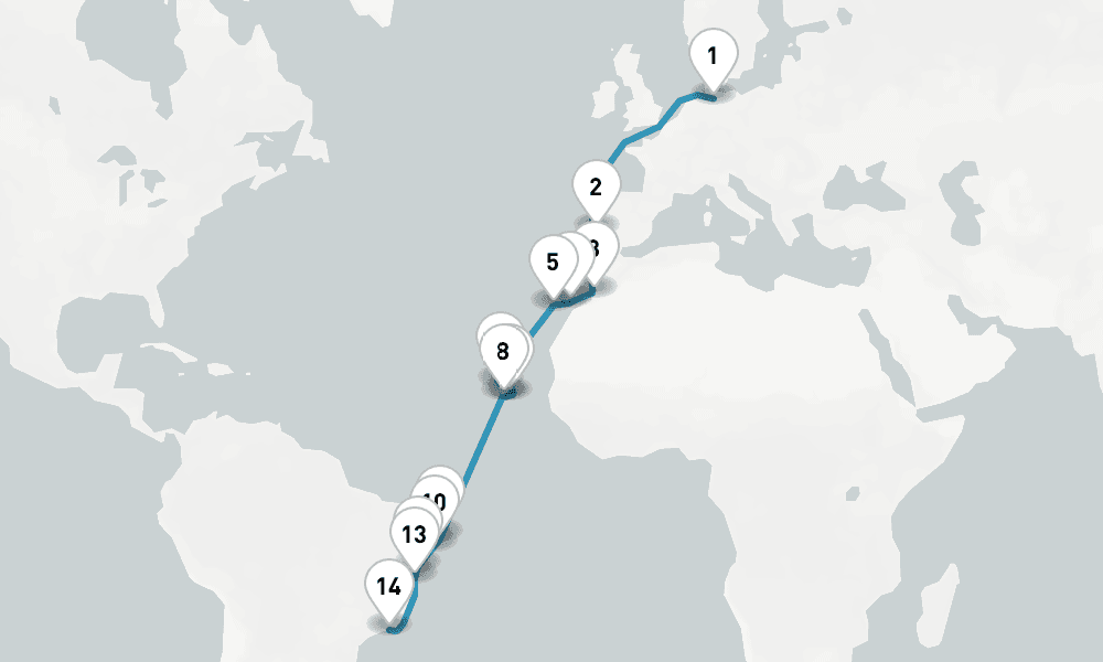 28 nights / 29 days, one-way from Hamburg to Rio de Janeiro