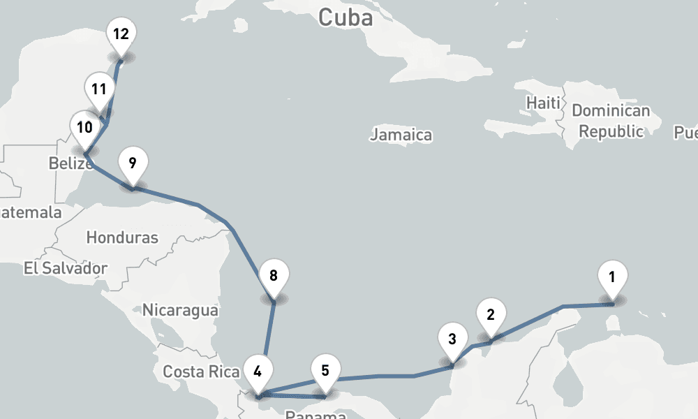 16 nights / 17 days, one-way from Oranjestad (Aruba Island, Dutch Antilles) to Cozumel