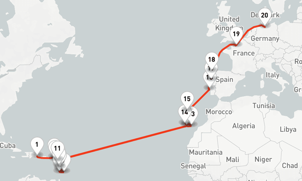 29 nights / 30 days, one-way from La Romana (Dominican Republic) to Hamburg