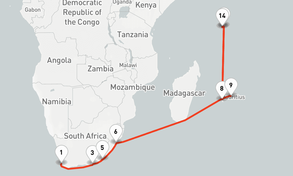 20 nights / 21 days, one-way from Cape Town to Mahe Island (Victoria, Seychelles)