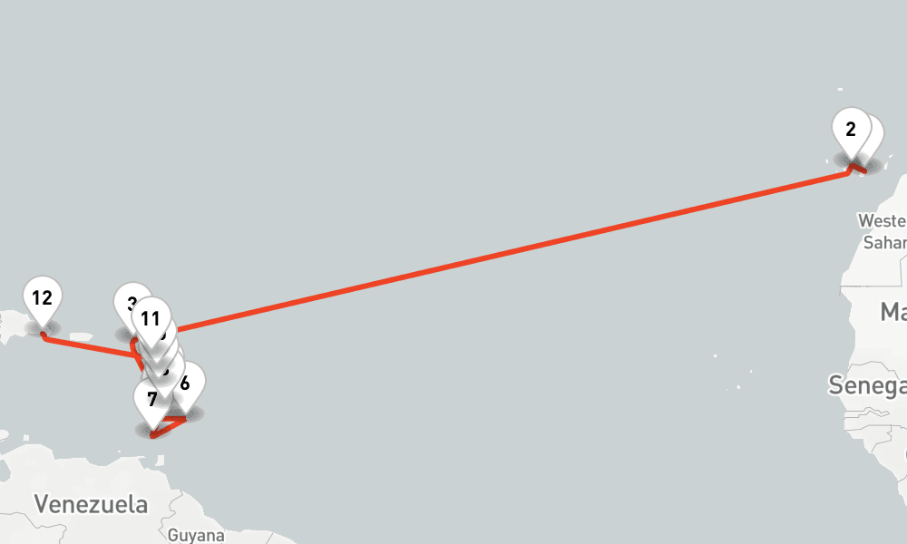 18 nights / 19 days, one-way from Las Palmas (Gran Canaria, Canary Islands) to La Romana (Dominican Republic)