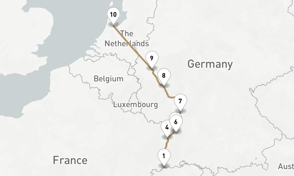 11 nights / 12 days, one-way from Basel to Amsterdam (Holland)