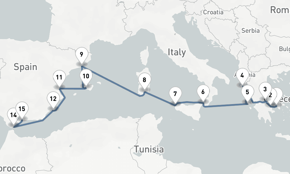 15 nights / 16 days, one-way from Piraeus (Athens, Greece) to Malaga