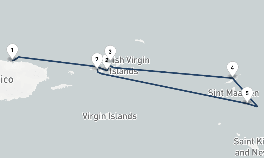 7 nights / 8 days, one-way from San Juan (Puerto Rico) to Saint Thomas Island (Charlotte Amalie, USVI)