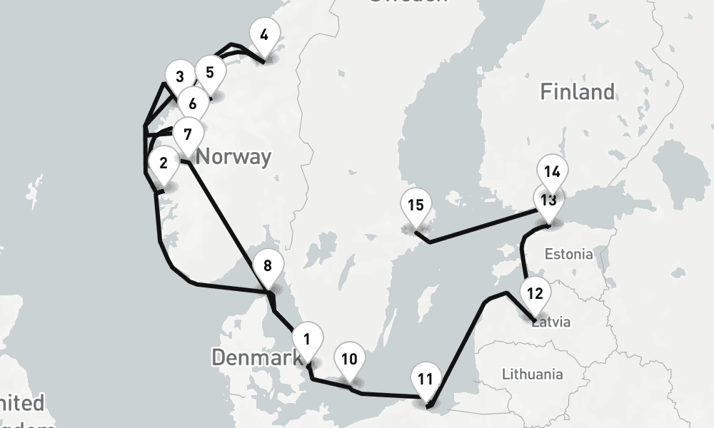 17 nights / 18 days, one-way from Copenhagen to Stockholm