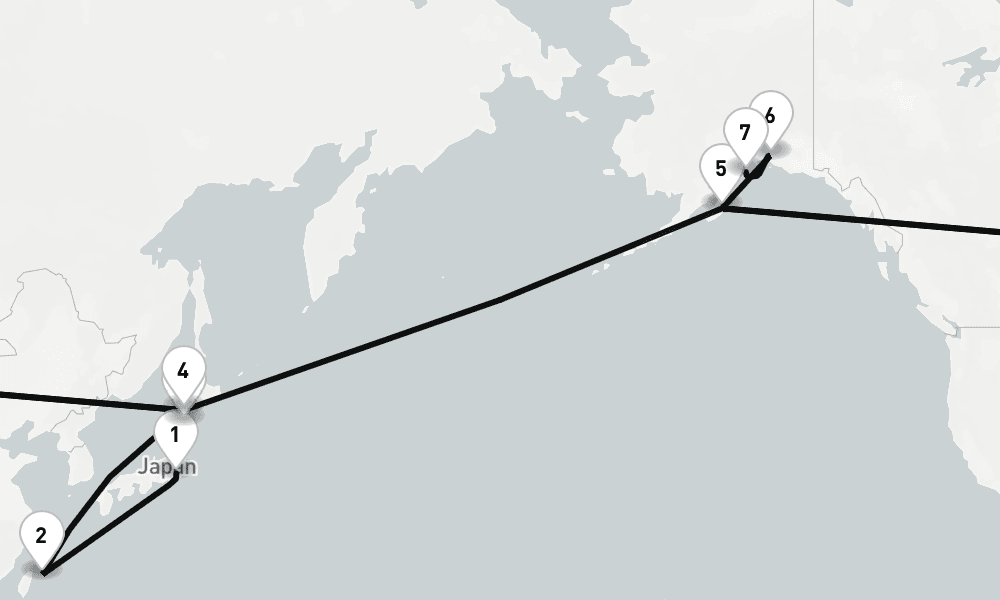 14 nights / 15 days, one-way from Tokyo to Seward (Alaska)