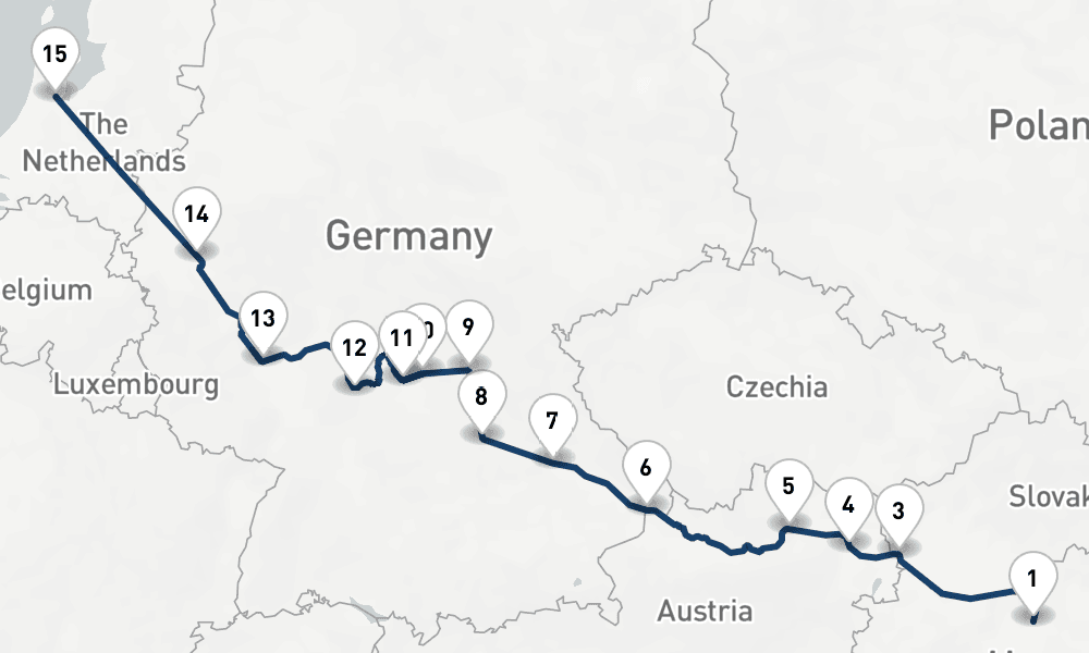15 nights / 16 days, one-way from Budapest to Amsterdam (Holland)