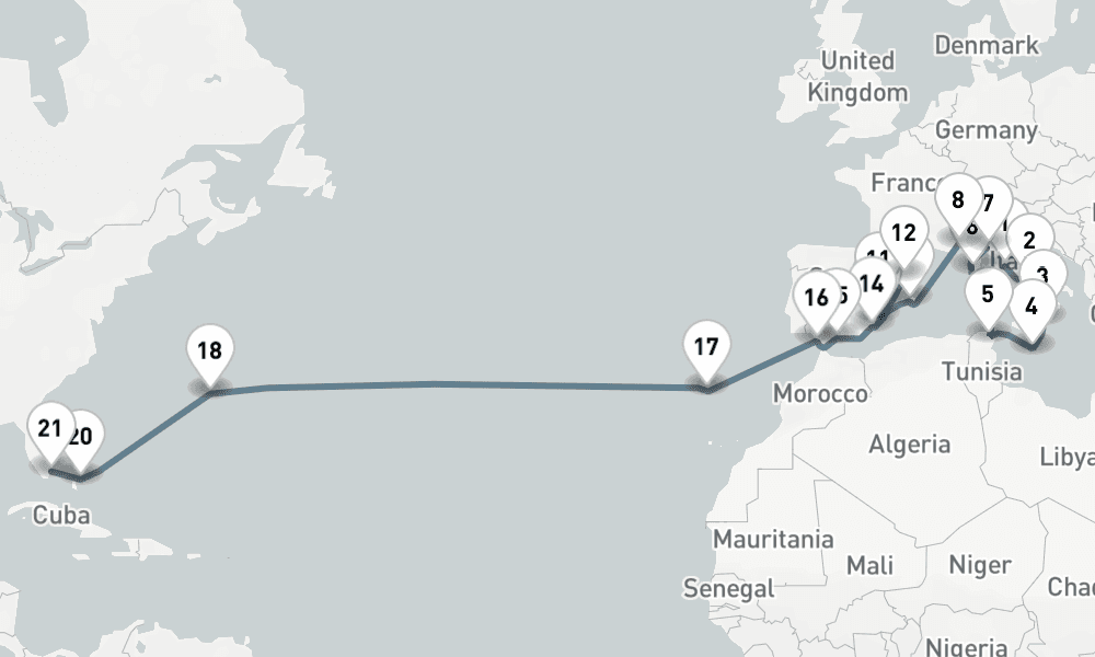 30 nights / 31 days, one-way from Civitavecchia (Rome, Italy) to Miami (Florida)
