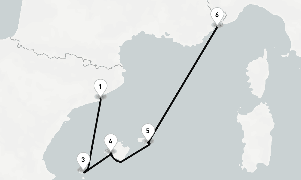 6 nights / 7 days, one-way from Barcelona to Villefranche-sur-Mer (Nice, France Riviera)