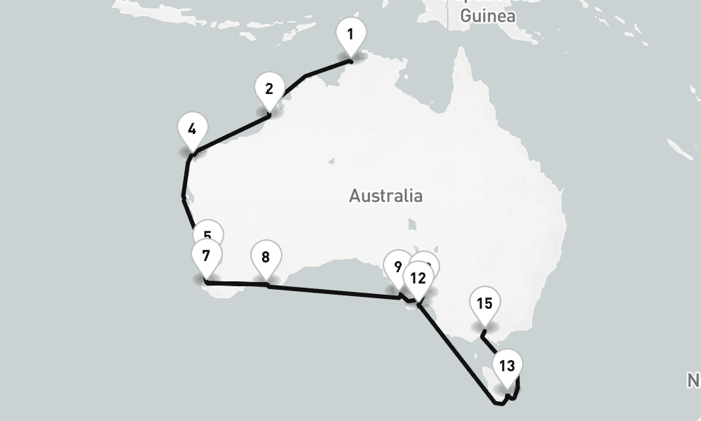 25 nights / 26 days, one-way from Darwin (NT Australia) to Melbourne (Victoria, Australia)