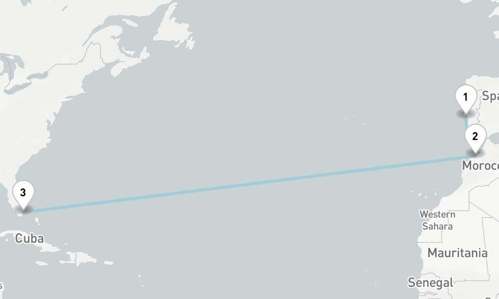 13 nights / 14 days, one-way from Lisbon to Miami (Florida)